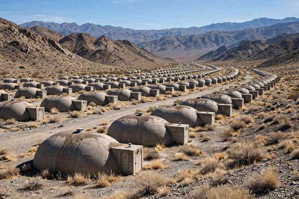 Rows of igloo-shaped ammunition bunkers stretching across the desert at the Hawthorne Army Depot